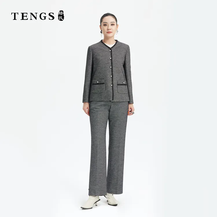 TENGS滕氏女装秋季新款优雅舒适小香风气质显瘦V领上衣