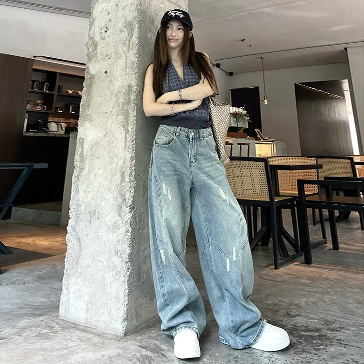 美式复古弯刀牛仔裤女垂感拖地长裤宽松破洞显瘦休闲牛仔阔腿裤夏