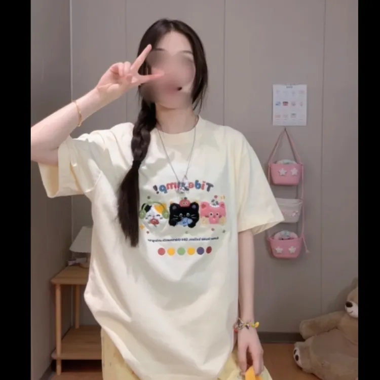 爆抱熊-可爱小猫咪印花纯棉短袖女夏季新款宽松圆领百搭上衣休闲