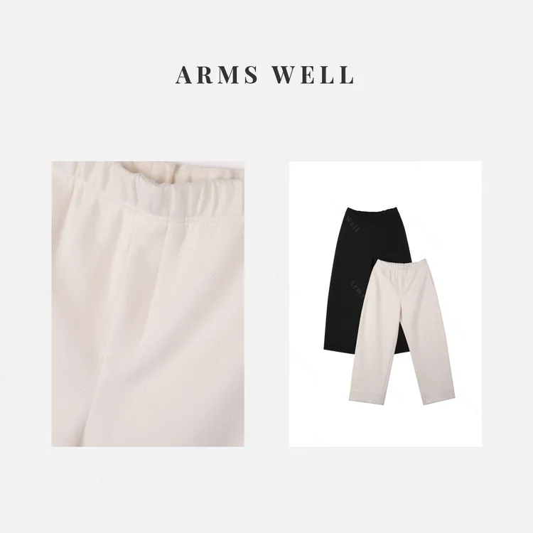 ARMS WELL王囡囡 黑/米白色松紧腰桑蚕丝山羊绒直筒休闲裤 S346