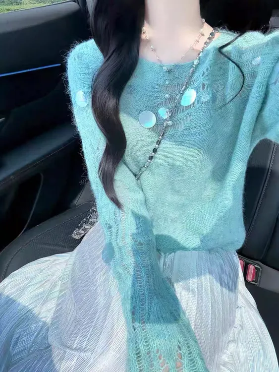 韩系薄款女亮片圆领镂空毛针织衫气质设计感女装秋冬