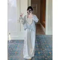 漫游褶光~设计感法式慵懒大V领上衣~侧边蕾丝拼接休闲裤套装Y3251