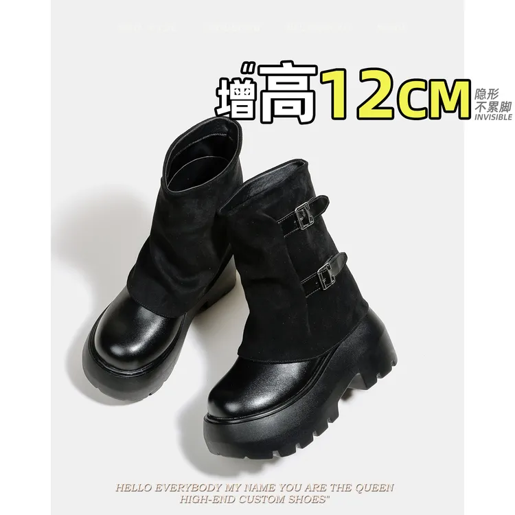 时装靴真皮短筒靴女小个子内增高复古牛仔堆堆靴粗跟裤管靴马丁靴