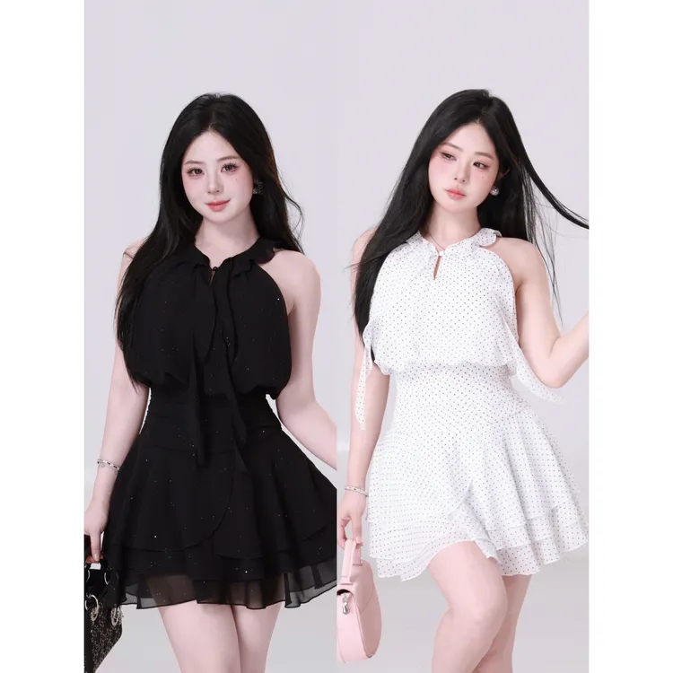 11.3清清萌面侠【娇奢千金】新款珍珠雪纺散银无袖挂脖连衣裙 5410