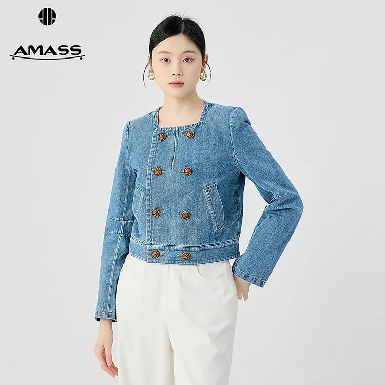 阿玛施AMASS新款女装复古时髦双排扣圆领百搭牛仔小香外套540019