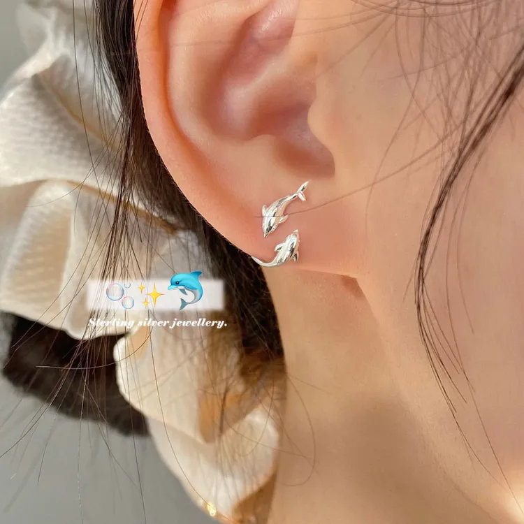 925银耳饰 灵动可爱幸运双鱼海豚耳钉女耳环2025新款爆款高级感