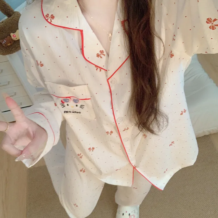 ins格子长袖亲肤棉纱睡衣女2025新款春秋季可爱kitty家居服套装夏