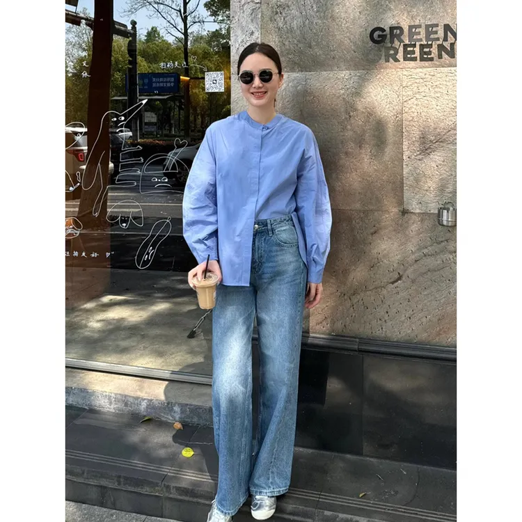 爱了爱了！新中式圆领蓝色衬衫女秋季法式高级感简约百搭气质衬衣