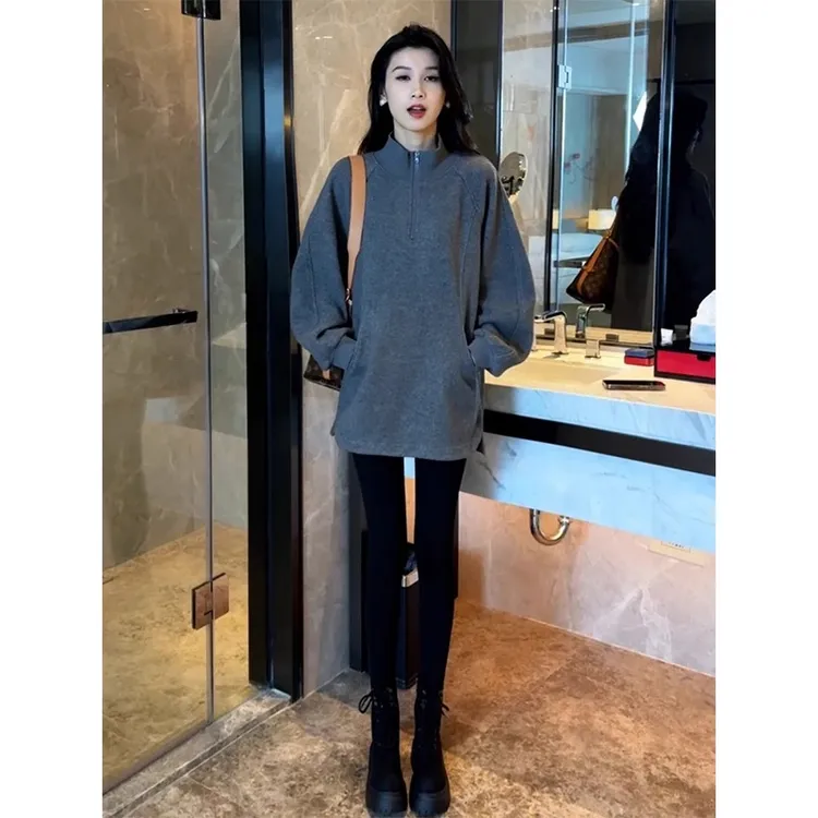 灰色立领加绒卫衣女新款2025爆款时尚洋气美式复古中长款打底上衣