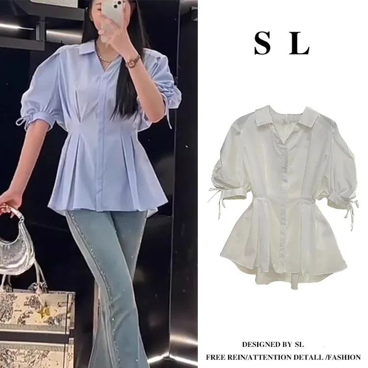 大码女装2025夏季新款胖mm显瘦衬衫高级感气质通勤短袖上衣-5198