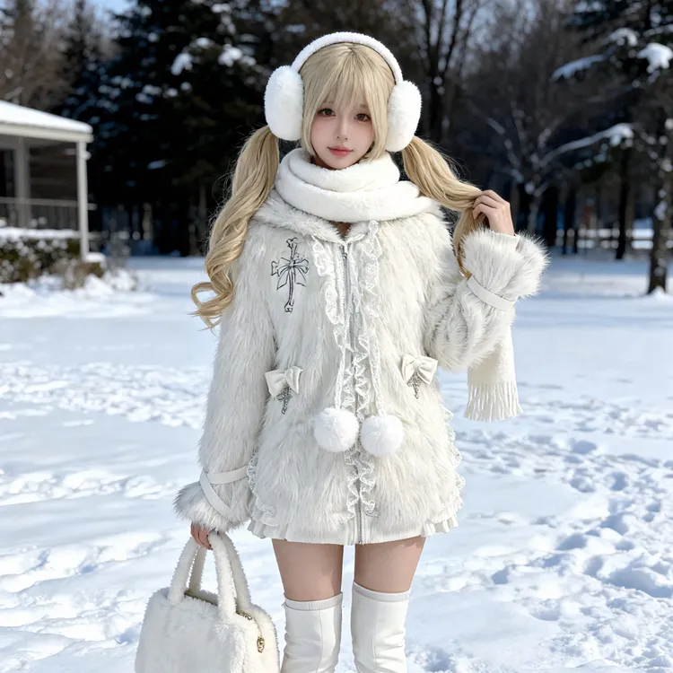 人造皮草 兔芝R雪融契约重工毛绒猫耳连帽内里加绒外套洋气白色女