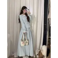 梁子【 京都大小姐】早秋浅蓝色千金小香风短款上衣收腰显瘦套装