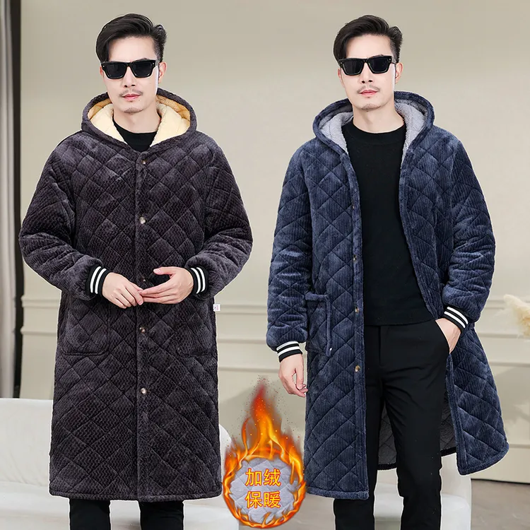 加长款冬季罩衣男士宽松保暖棉服加绒加厚棉衣棉袄居家服长款外套