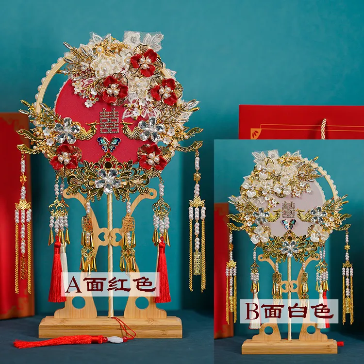 新娘团扇中式送闺蜜结婚出嫁遮面扇子成品材料包布料2342双面款否