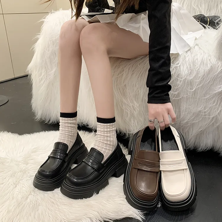 厚底增高小皮鞋女2025春季新款女鞋英伦风圆头百搭一脚蹬乐福单鞋
