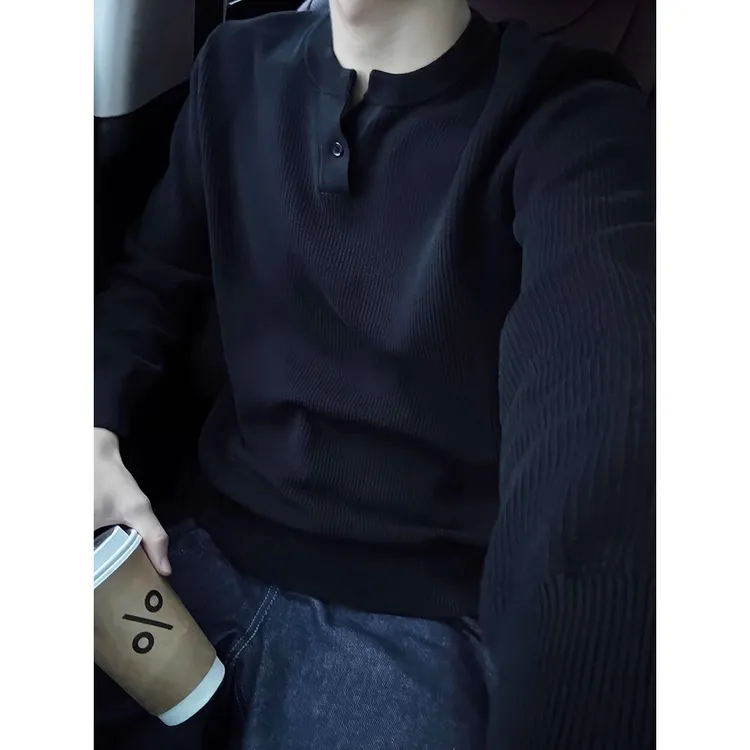 黑色美式正肩亨利领毛衣男款秋冬慵懒风不起球修身内搭针织打底衫