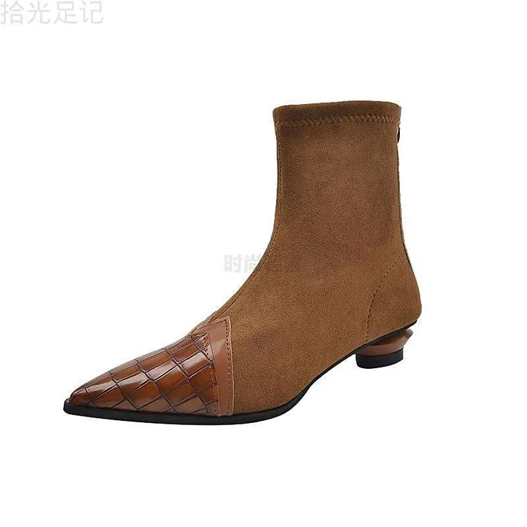 韩式尖女靴女拼接瘦瘦靴尖头季低跟2025新款网秋季百搭高跟靴子