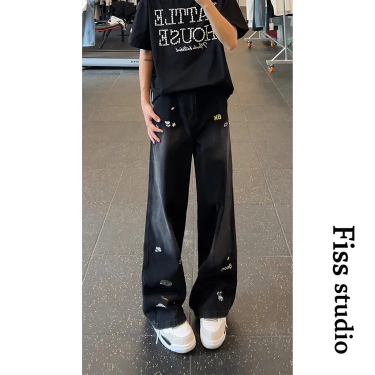 美式复古趣味卡通贴布刺绣弯刀夏季牛仔裤男高街水洗宽松阔腿长裤