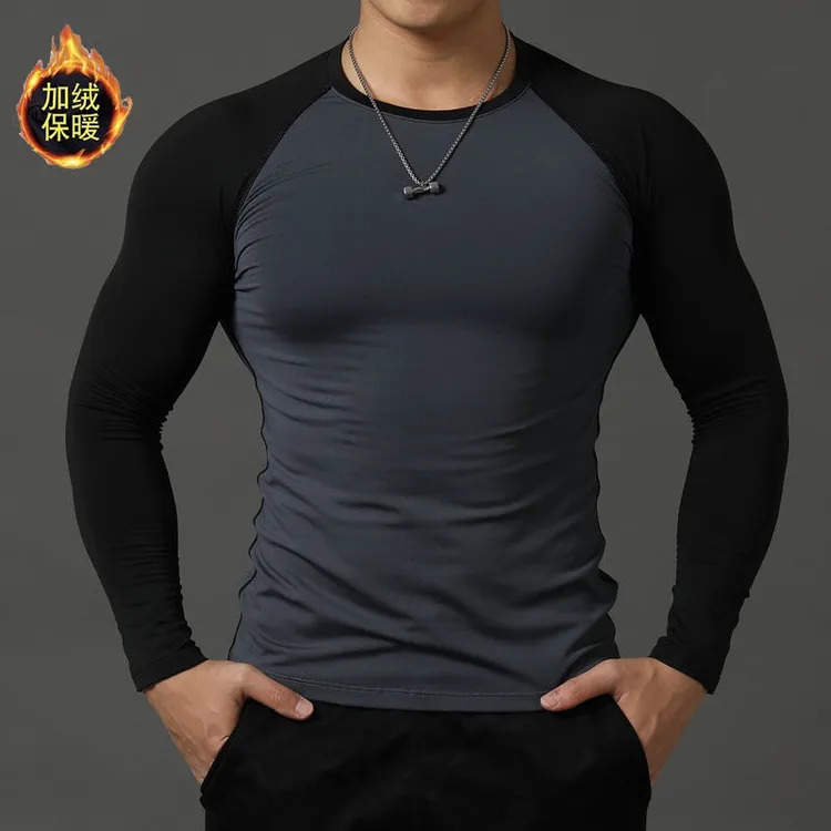 新款加绒保暖紧身衣男弹力速干运动长袖跑步健身训练服圆领打底色