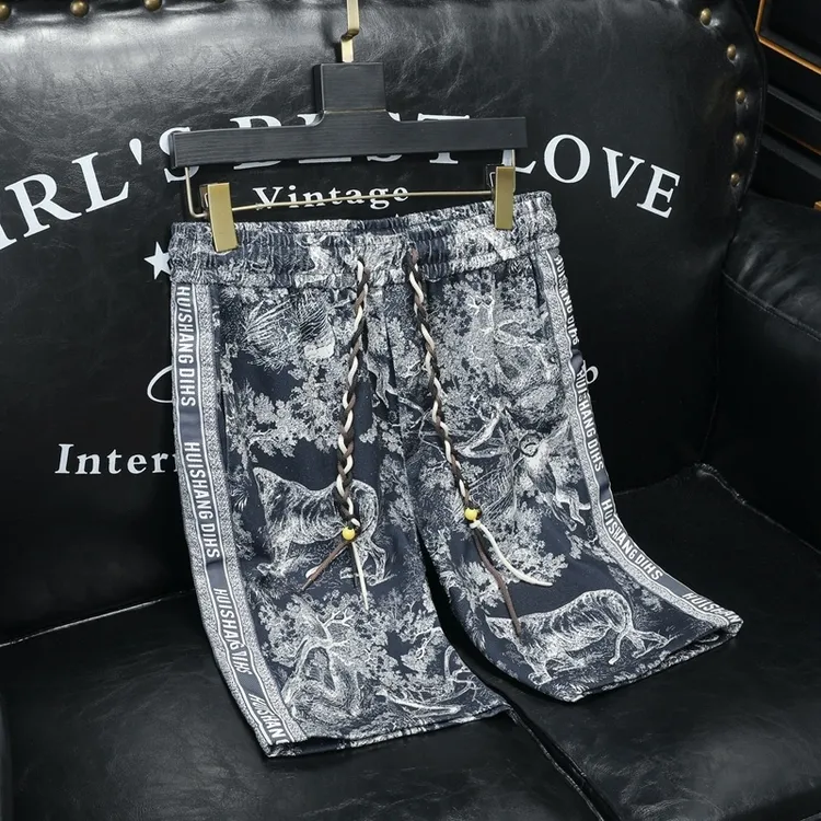 老虎印花短裤男士运动休闲5分五分裤潮牌2024夏季新款沙滩裤薄款