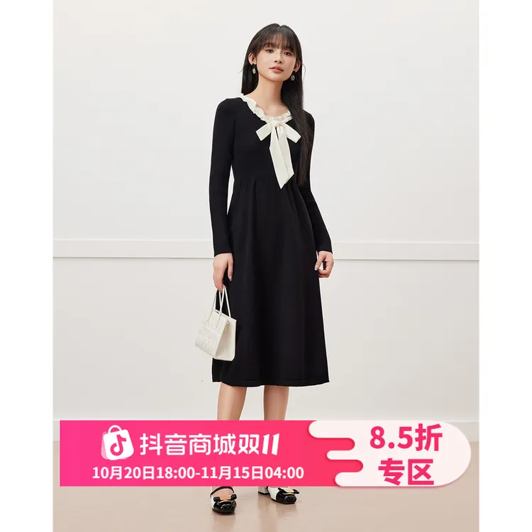 IEF/爱依服2025秋新款蝴蝶结细带法式优雅气质时尚显瘦连衣中裙
