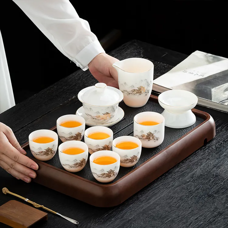 白瓷功夫茶具套装2025新款中式家用轻奢高档办公室礼盒装描金
