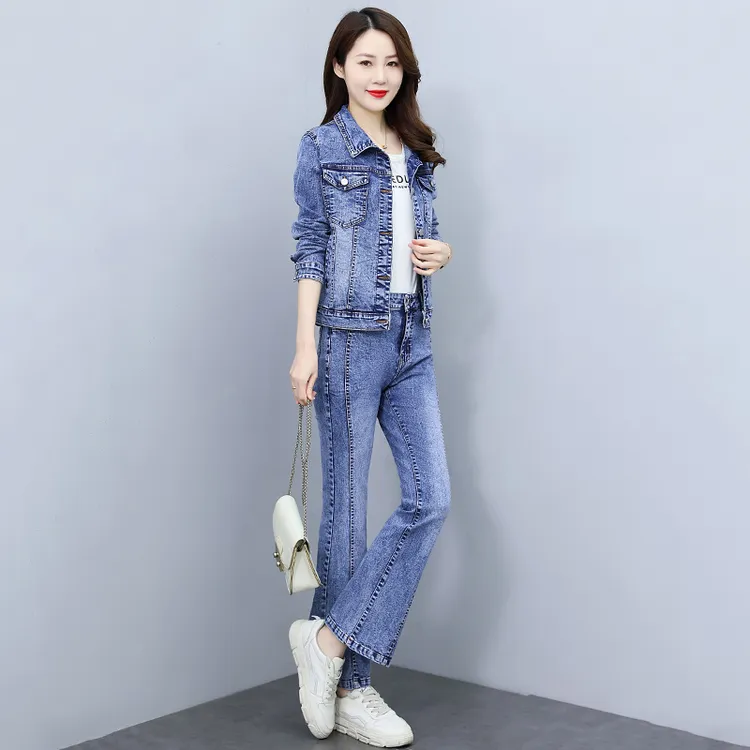 牛仔套装女春秋气质显瘦高腰喇叭裤套装时尚休闲韩版长袖洋气上衣