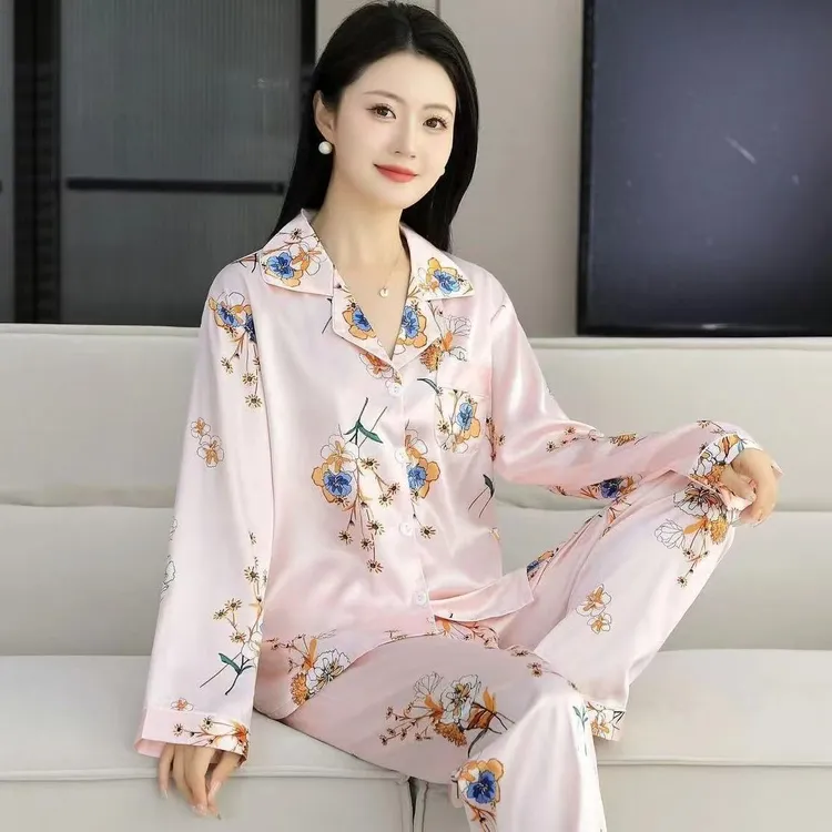 冰丝睡衣女春夏薄款三件套女春秋睡衣女夏款仿真丝睡衣女