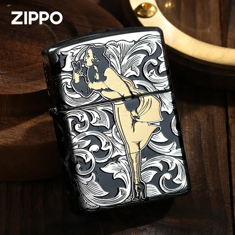 ZIPPO/之宝打火机黑金唐草风中女郎镀银盔甲防风煤油男友礼物DYJ1