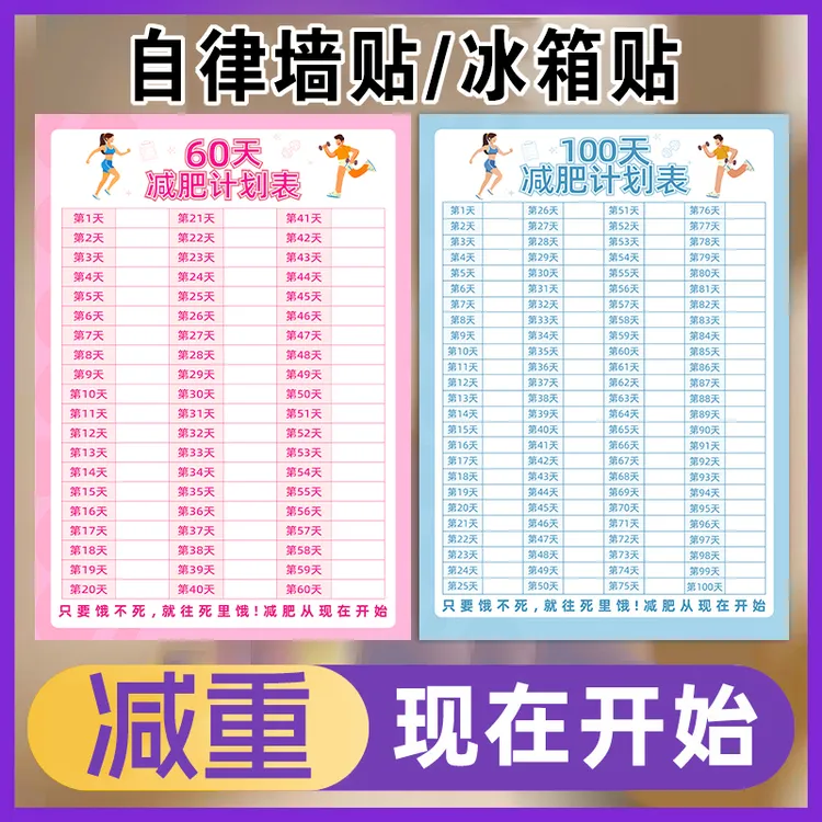 减肥打卡记录表60天100天瘦身时间计划减肥自律好物 激励提醒贴纸