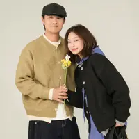 青式【叠穿圆领假两件毛衣开衫】秋季休闲宽松复古针织上衣男女同款