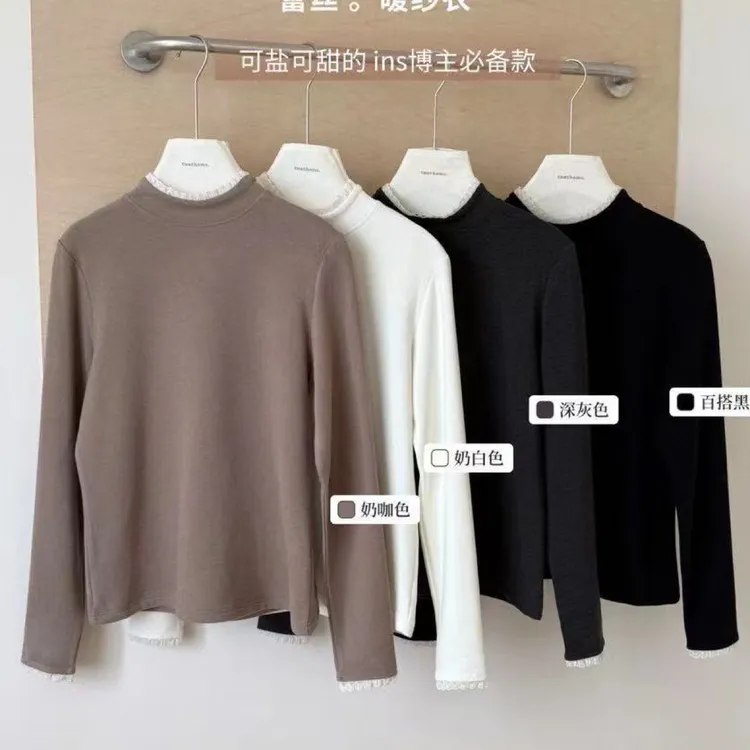 【韩衣舍】20010蕾丝拼接半高领磨毛德绒长袖冬季保暖显瘦打底衫