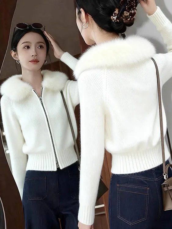 老钱风白色大翻领拉链毛衣外套女2025秋季新款奶呼呼掐腰短款上衣