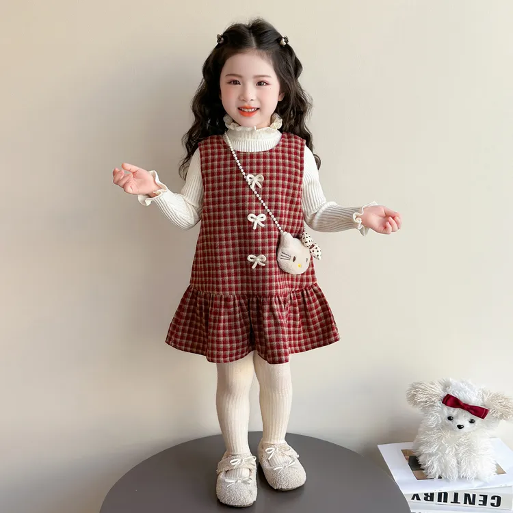女童连衣裙套装冬装加厚女宝宝裙子蝴蝶结秋冬季2025新款儿童红色