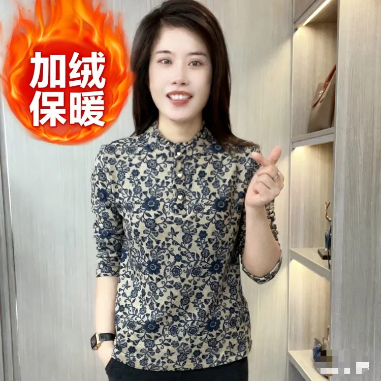 秋冬新款半高加绒一体绒保暖宽松长袖T恤民族风国风时尚印花