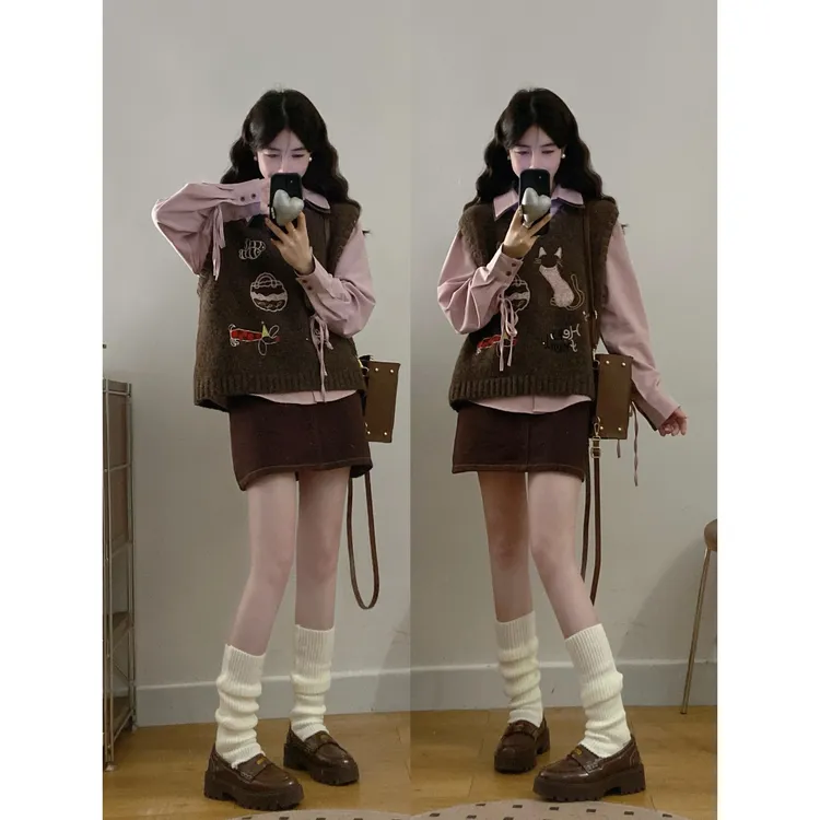 MO88ZSPF大码女装秋冬显瘦穿搭套装学院风减龄针织马甲半身裙