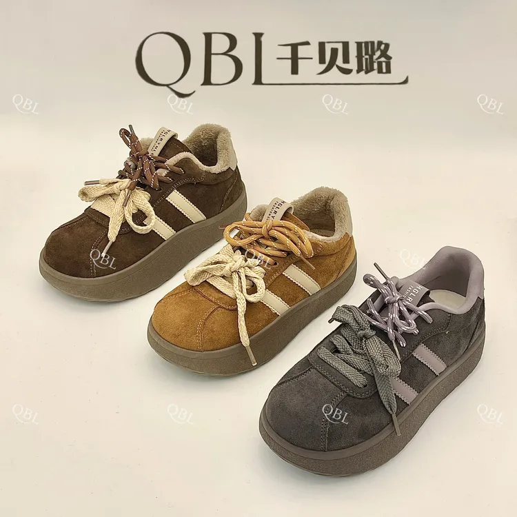 千贝璐网红时尚复古徳训鞋冬季磨砂绒面厚底休闲鞋百搭板鞋27972
