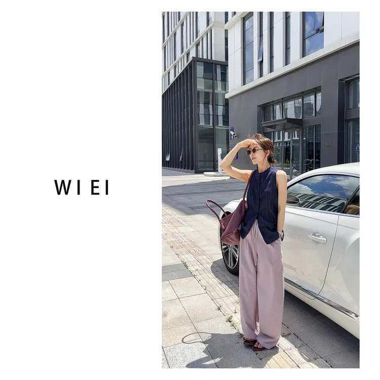 《WI EI》小粉裤*肌理感荃棉抽绳腰直筒拖地休闲裤W25302028