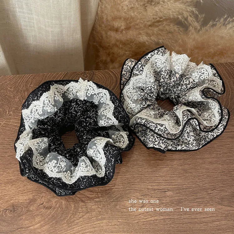韩系蕾丝花边大肠发圈双层高级感超大号头绳扎马尾丸子头头花头饰