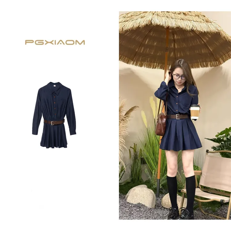 【PGXIAOM】润秀定制蓝色复古港风收腰长袖连衣裙QZ9808           