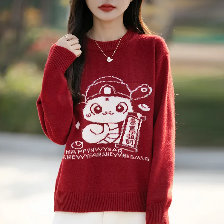 秋冬新款宽松圆领针织衫新年蛇年百搭时尚套头红色加厚毛衣上衣女