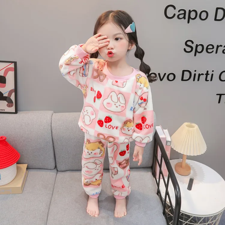 儿童珊瑚绒睡衣女童法兰绒加绒加厚款女孩冬季套头宝宝家居服套装