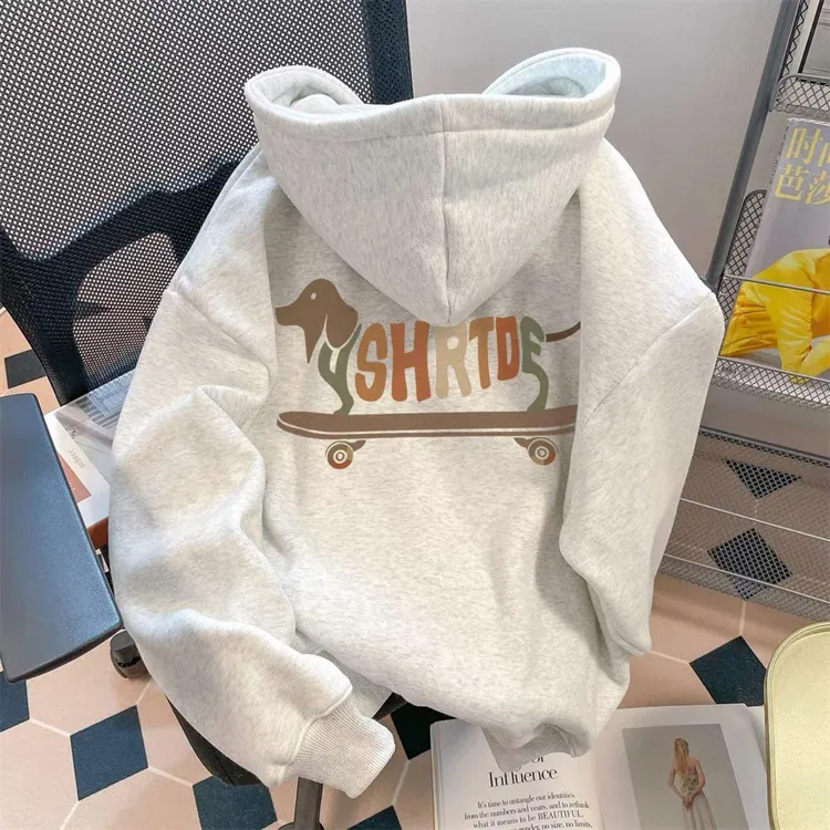 秋冬季300斤大码滑板小狗字母印花连帽卫衣男女宽松加绒休闲外套2