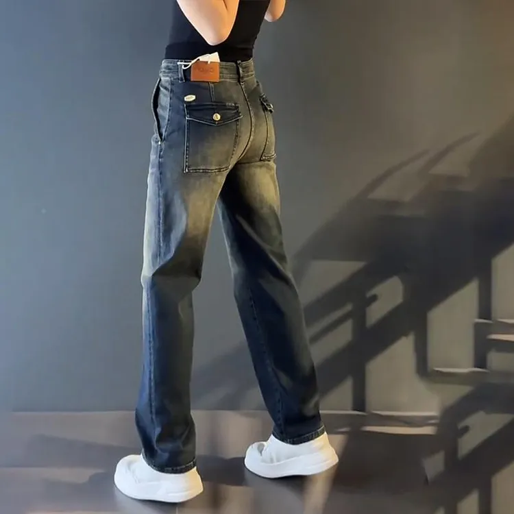 轻奢男装大码潮牌男士时尚新款加绒牛仔裤直筒休闲长裤设计感秋冬