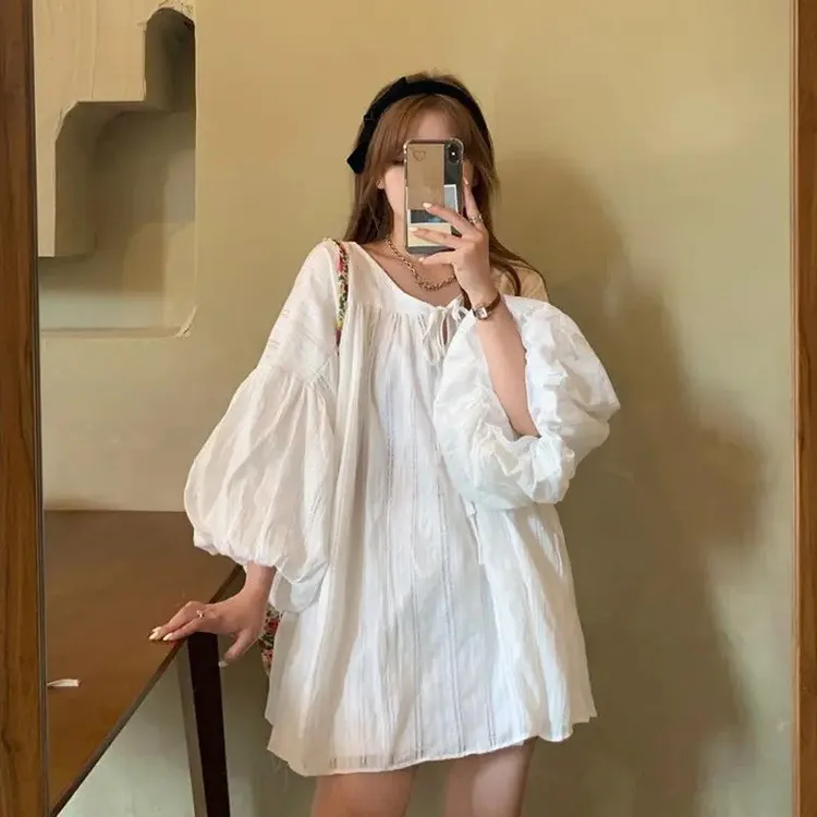 法式小众设计感白色连衣裙女秋装2025新款气质温柔小个子衬衫裙子