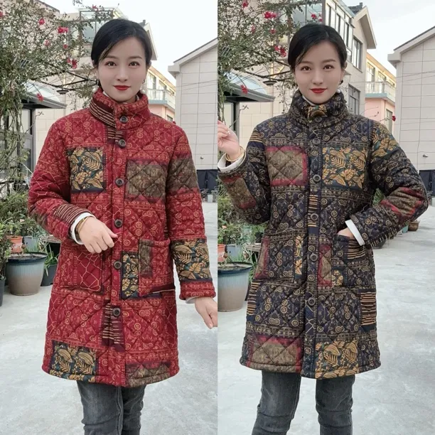 加绒加厚中老年妈妈冬季中长款立领碎花棉衣保暖外套大码中长款