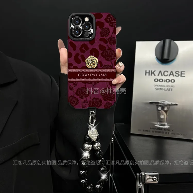 适用【苹果/oppo/华为/vivo/小米】酒红翻毛皮玫瑰英文防摔手机壳女