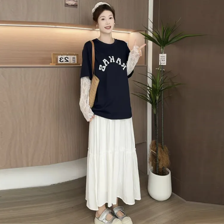 懒人穿搭孕妇装夏季字母刺绣圆领T恤上衣无托腹时尚蛋糕半身裙