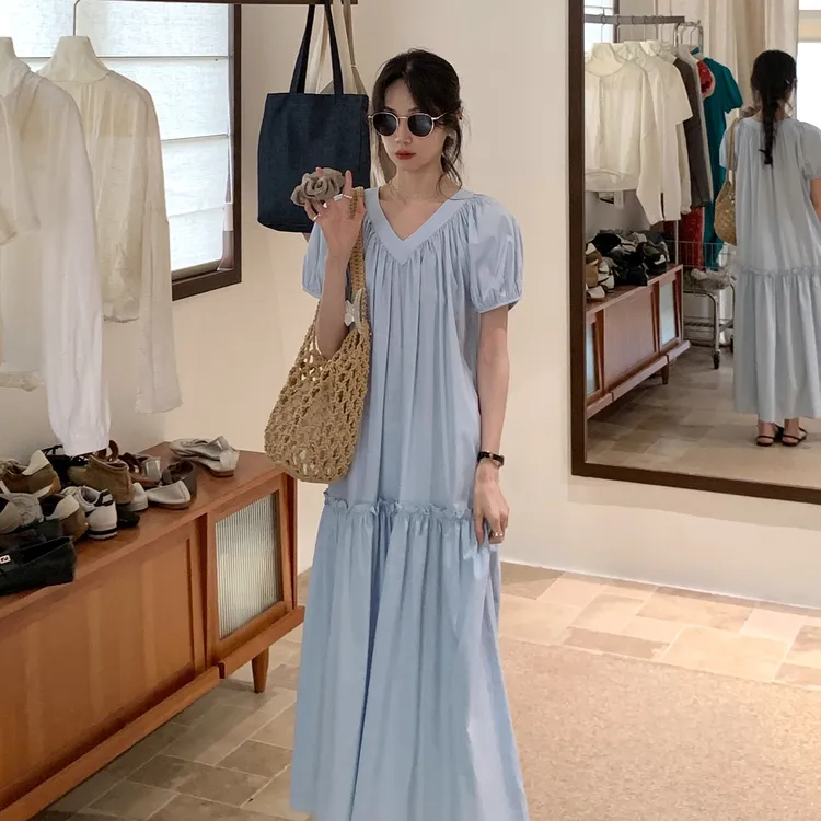 韩系蓝色泡泡袖连衣裙女2025夏新高级感轻奢遮肚显瘦长裙
