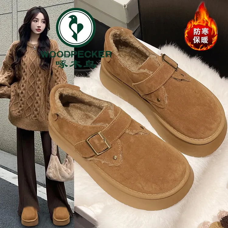 啄木鸟厚底加绒勃肯鞋女2025新款秋冬季一脚蹬保暖乐福棉鞋雪地靴